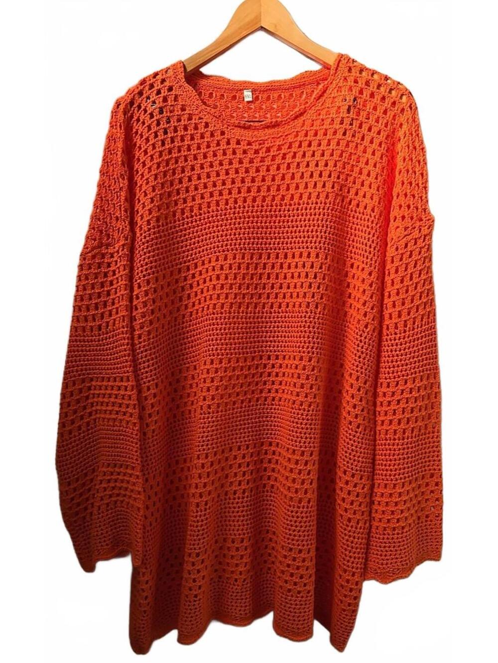 Women's Orange Crochet Swimsuit Cover XXL, Scalloped Neck/Sleeve/Hem, Loose Airy
